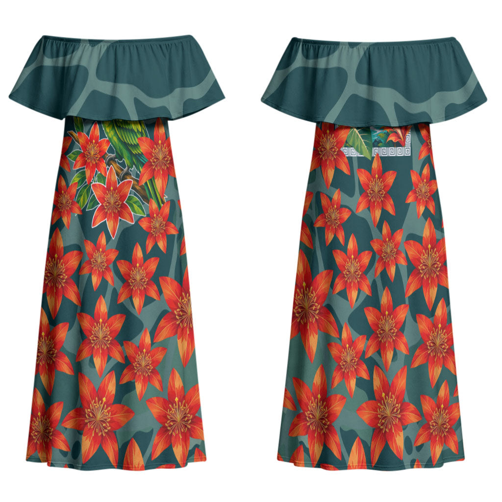 Fiji Taveuni Parrot Family Matching Off Shoulder Maxi Dress and Hawaiian Shirt Tropical Waterfall Landscape With Floral Tribal Pattern