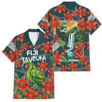 Fiji Taveuni Parrot Family Matching Off Shoulder Maxi Dress and Hawaiian Shirt Tropical Waterfall Landscape With Floral Tribal Pattern
