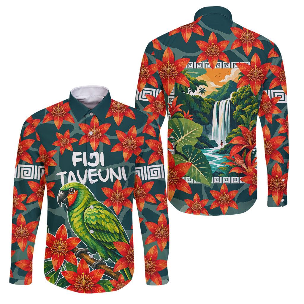 Fiji Taveuni Parrot Family Matching Off Shoulder Maxi Dress and Hawaiian Shirt Tropical Waterfall Landscape With Floral Tribal Pattern