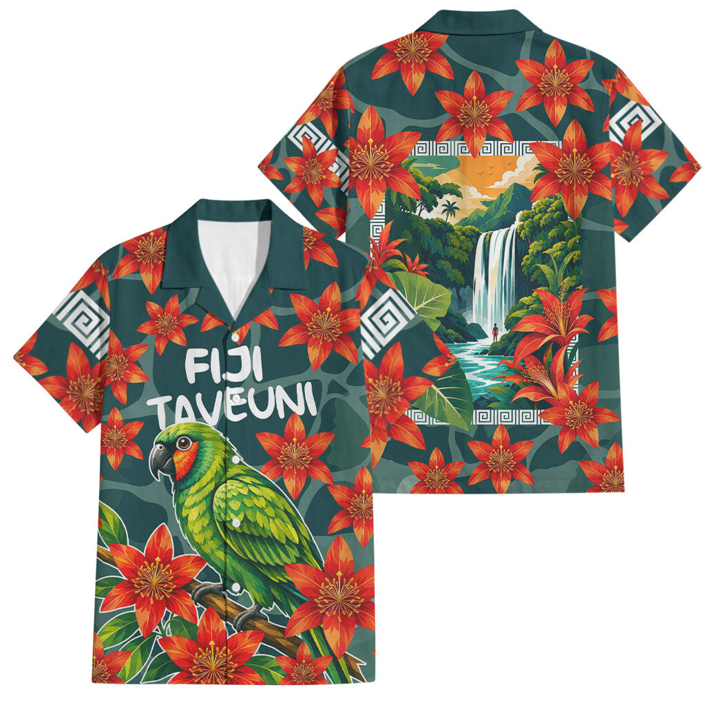 Fiji Taveuni Parrot Family Matching Off Shoulder Short Dress and Hawaiian Shirt Tropical Waterfall Landscape With Floral Tribal Pattern