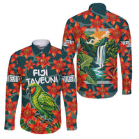 Fiji Taveuni Parrot Family Matching Off Shoulder Short Dress and Hawaiian Shirt Tropical Waterfall Landscape With Floral Tribal Pattern