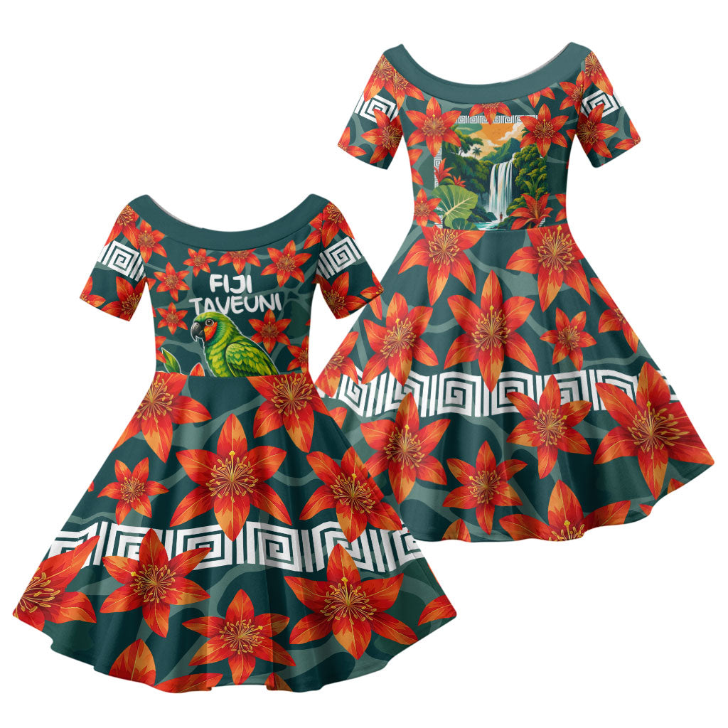 Fiji Taveuni Parrot Family Matching Off Shoulder Short Dress and Hawaiian Shirt Tropical Waterfall Landscape With Floral Tribal Pattern