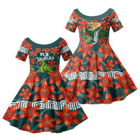 Fiji Taveuni Parrot Family Matching Off Shoulder Short Dress and Hawaiian Shirt Tropical Waterfall Landscape With Floral Tribal Pattern