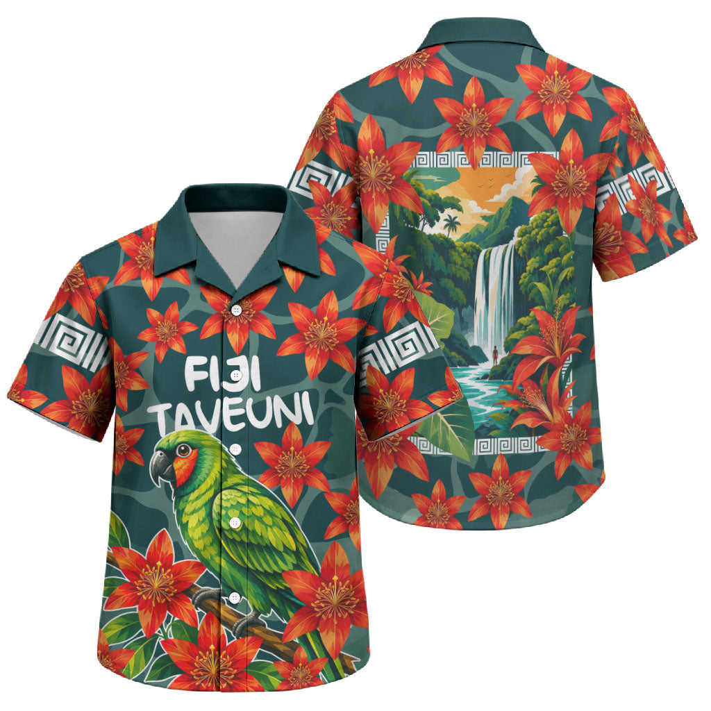 Fiji Taveuni Parrot Family Matching Off Shoulder Short Dress and Hawaiian Shirt Tropical Waterfall Landscape With Floral Tribal Pattern
