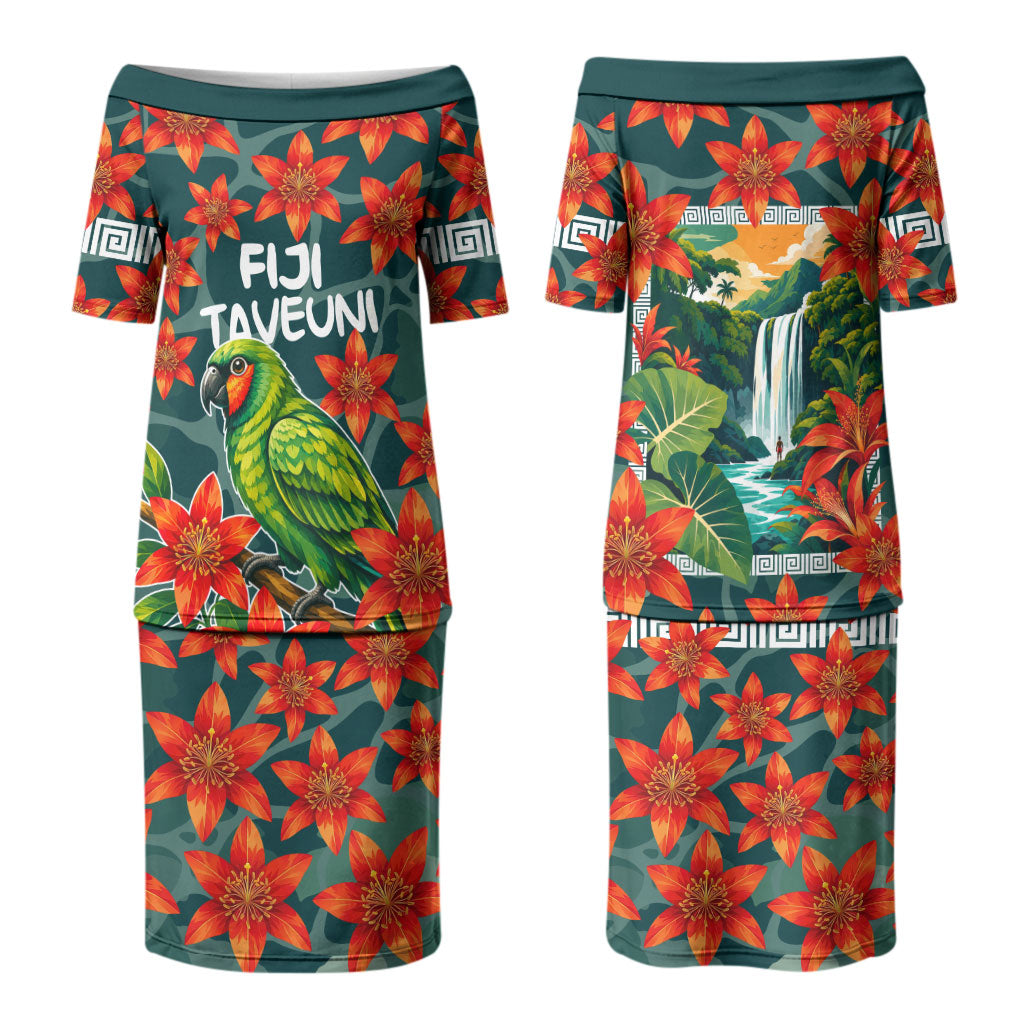 Fiji Taveuni Parrot Family Matching Puletasi and Hawaiian Shirt Tropical Waterfall Landscape With Floral Tribal Pattern