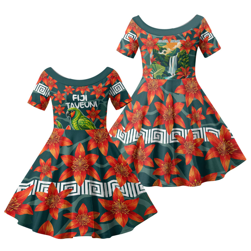 Fiji Taveuni Parrot Family Matching Summer Maxi Dress and Hawaiian Shirt Tropical Waterfall Landscape With Floral Tribal Pattern