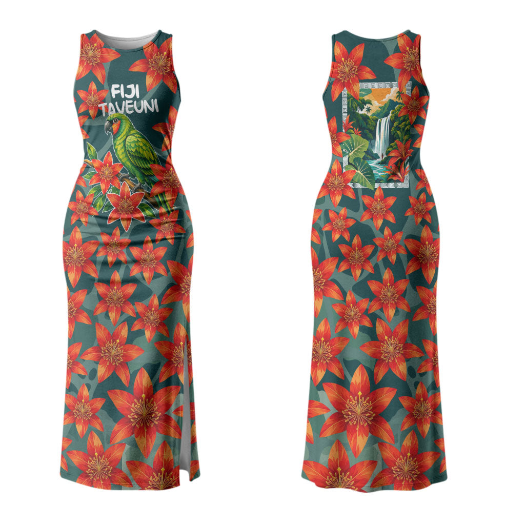 Fiji Taveuni Parrot Family Matching Tank Maxi Dress and Hawaiian Shirt Tropical Waterfall Landscape With Floral Tribal Pattern