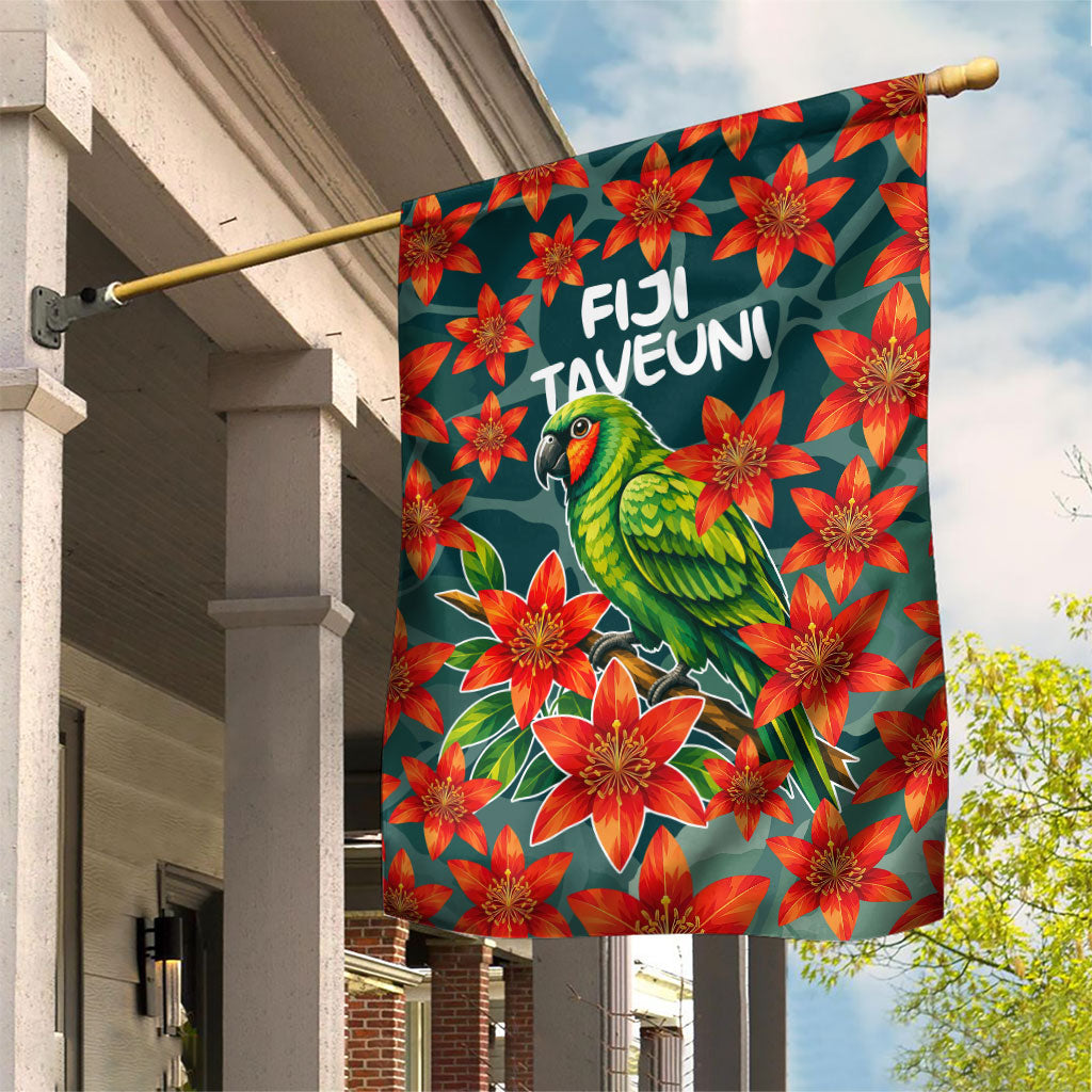 Fiji Taveuni Parrot Garden Flag Tropical Waterfall Landscape With Floral Tribal Pattern