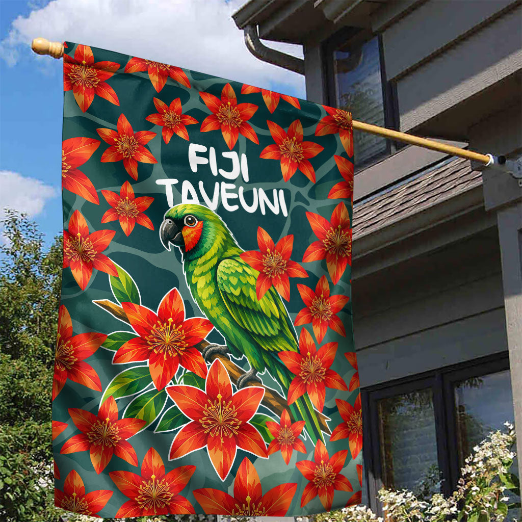 Fiji Taveuni Parrot Garden Flag Tropical Waterfall Landscape With Floral Tribal Pattern