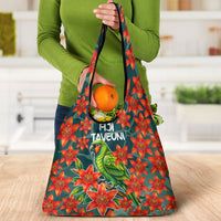 Fiji Taveuni Parrot Grocery Bag Tropical Waterfall Landscape With Floral Tribal Pattern