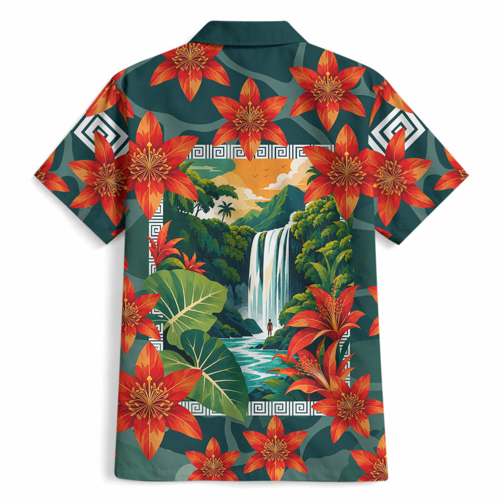 Fiji Taveuni Parrot Hawaiian Shirt Tropical Waterfall Landscape With Floral Tribal Pattern