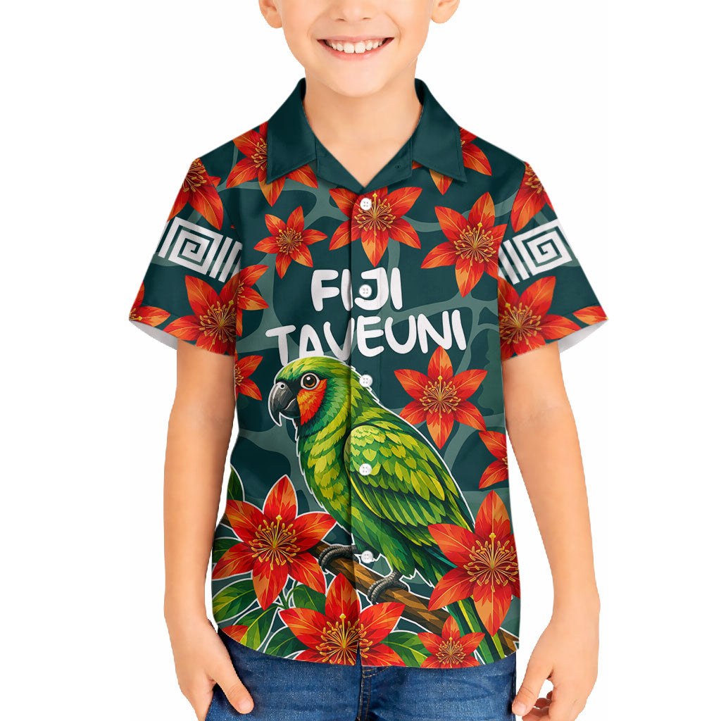 Fiji Taveuni Parrot Hawaiian Shirt Tropical Waterfall Landscape With Floral Tribal Pattern