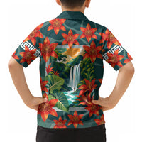 Fiji Taveuni Parrot Hawaiian Shirt Tropical Waterfall Landscape With Floral Tribal Pattern