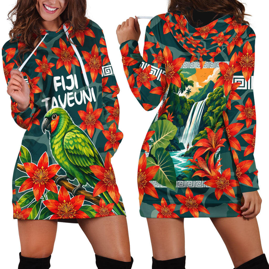 Fiji Taveuni Parrot Hoodie Dress Tropical Waterfall Landscape With Floral Tribal Pattern