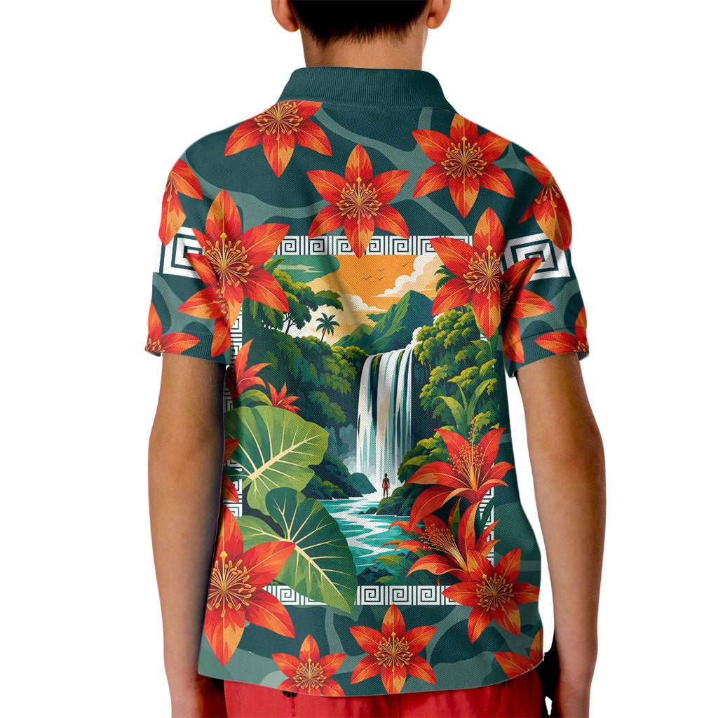 Fiji Taveuni Parrot Kid Polo Shirt Tropical Waterfall Landscape With Floral Tribal Pattern