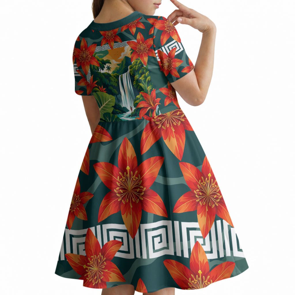 Fiji Taveuni Parrot Kid Short Sleeve Dress Tropical Waterfall Landscape With Floral Tribal Pattern