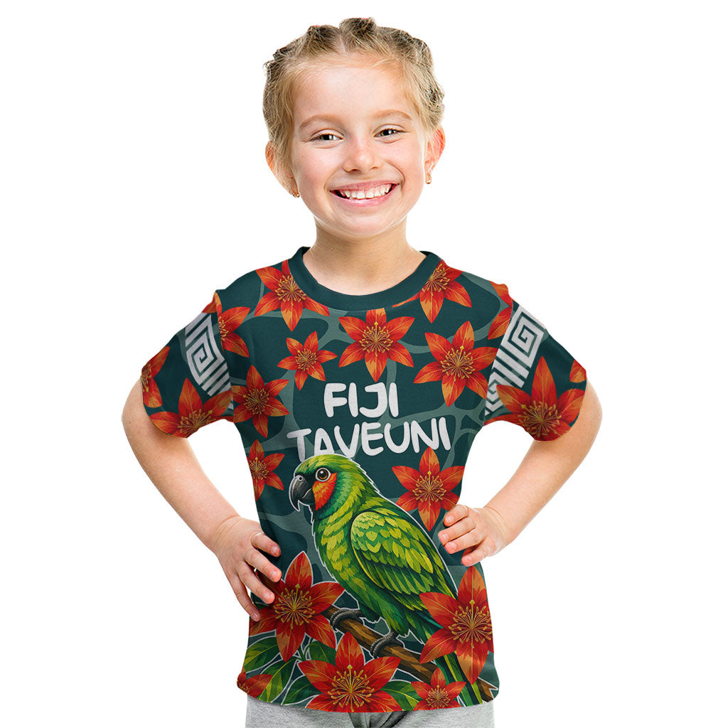 Fiji Taveuni Parrot Kid T Shirt Tropical Waterfall Landscape With Floral Tribal Pattern