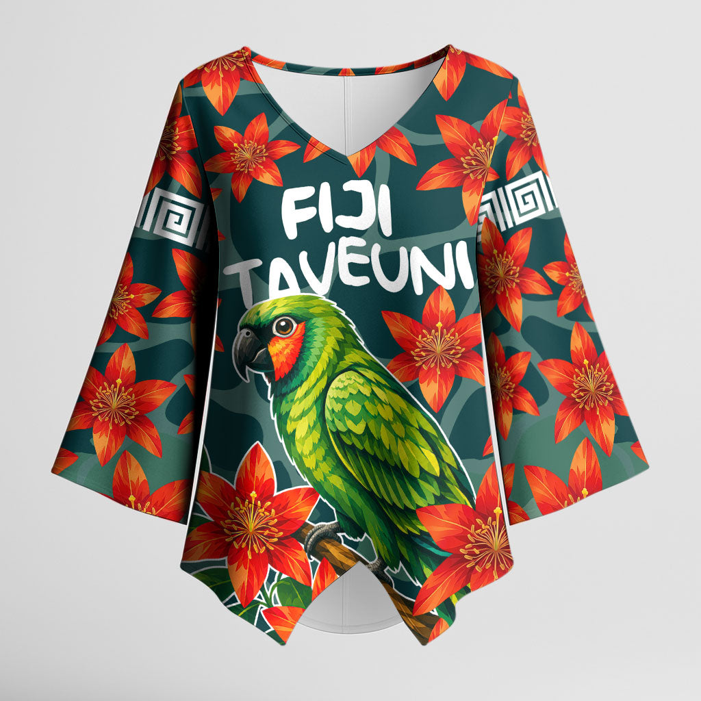 Fiji Taveuni Parrot Kimono Sleeve Blouse Tropical Waterfall Landscape With Floral Tribal Pattern