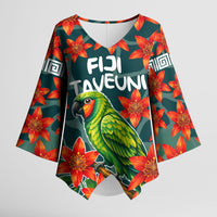 Fiji Taveuni Parrot Kimono Sleeve Blouse Tropical Waterfall Landscape With Floral Tribal Pattern