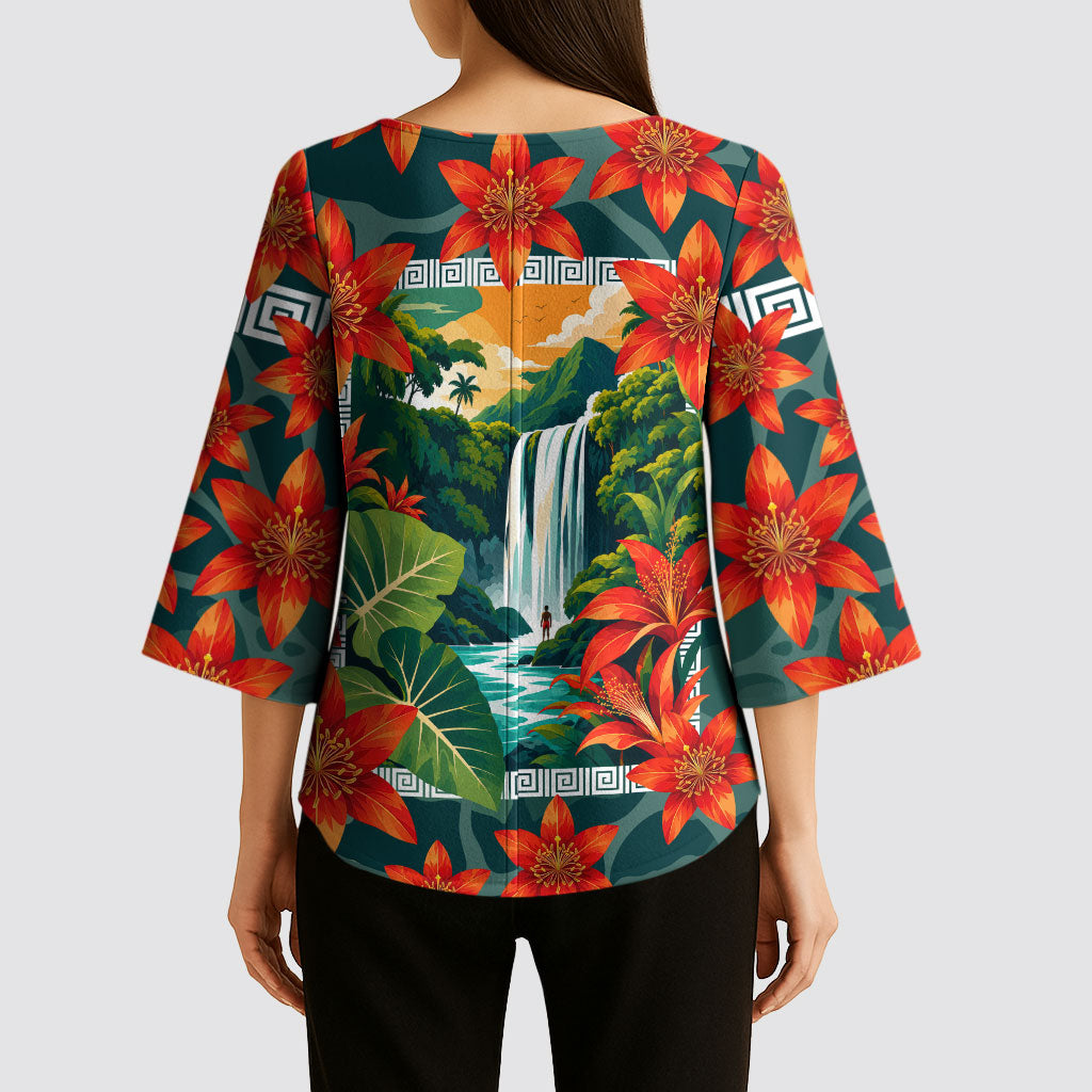 Fiji Taveuni Parrot Kimono Sleeve Blouse Tropical Waterfall Landscape With Floral Tribal Pattern