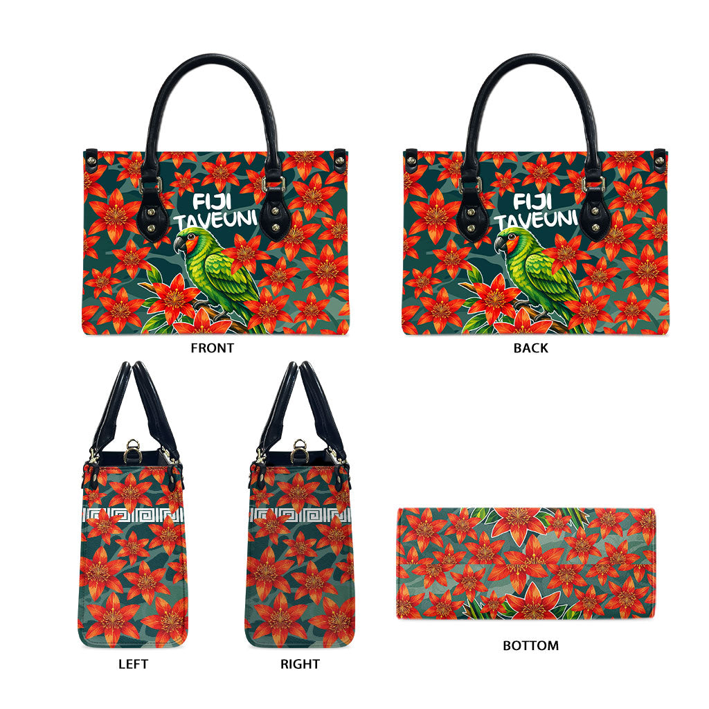 Fiji Taveuni Parrot Leather Bag Tropical Waterfall Landscape With Floral Tribal Pattern