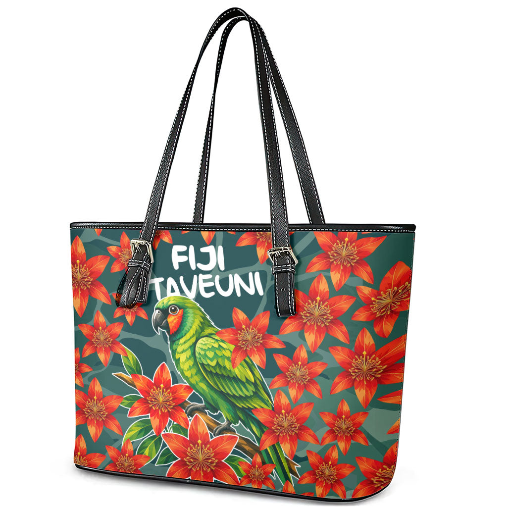 Fiji Taveuni Parrot Leather Tote Bag Tropical Waterfall Landscape With Floral Tribal Pattern