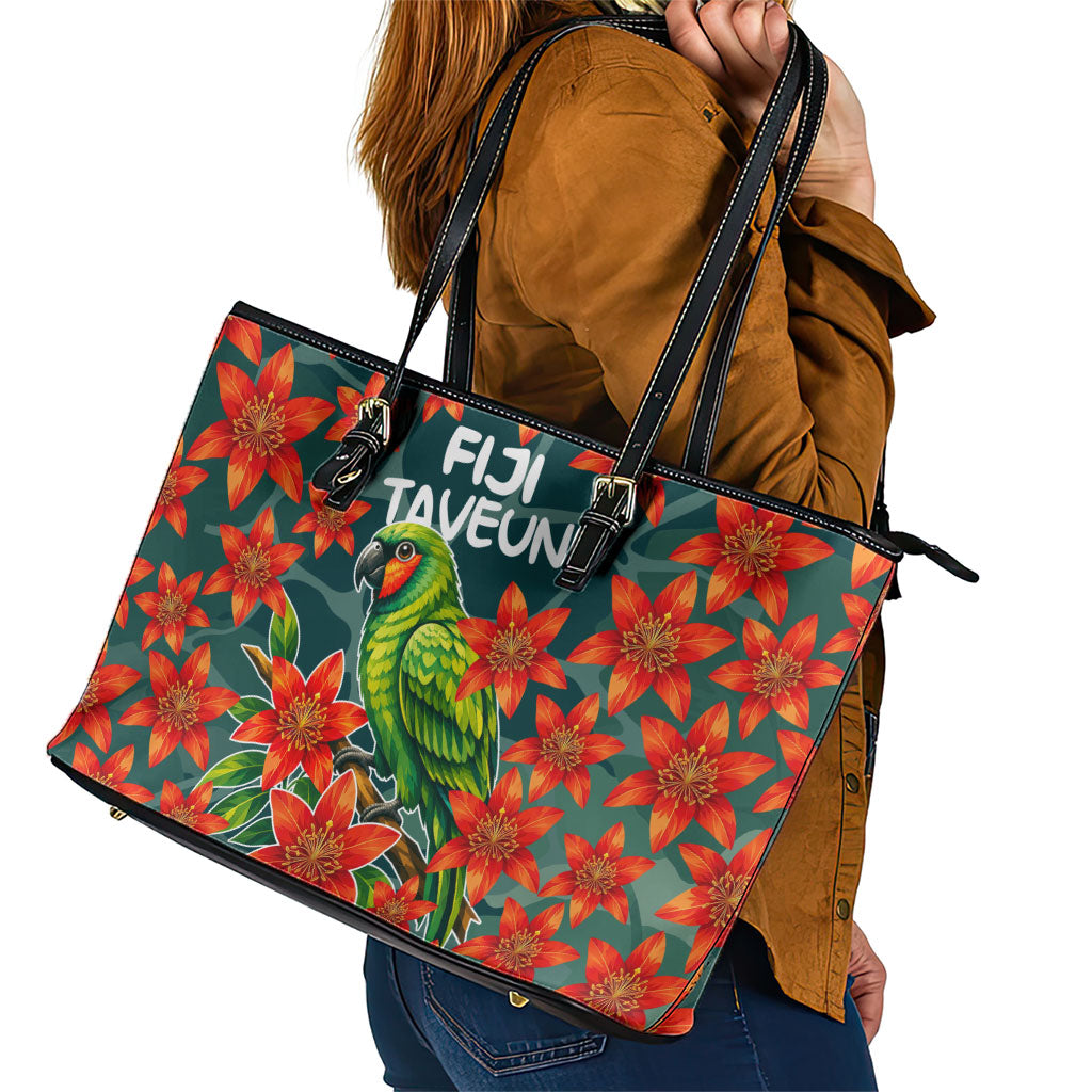 Fiji Taveuni Parrot Leather Tote Bag Tropical Waterfall Landscape With Floral Tribal Pattern