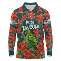 Fiji Taveuni Parrot Long Sleeve Polo Shirt Tropical Waterfall Landscape With Floral Tribal Pattern