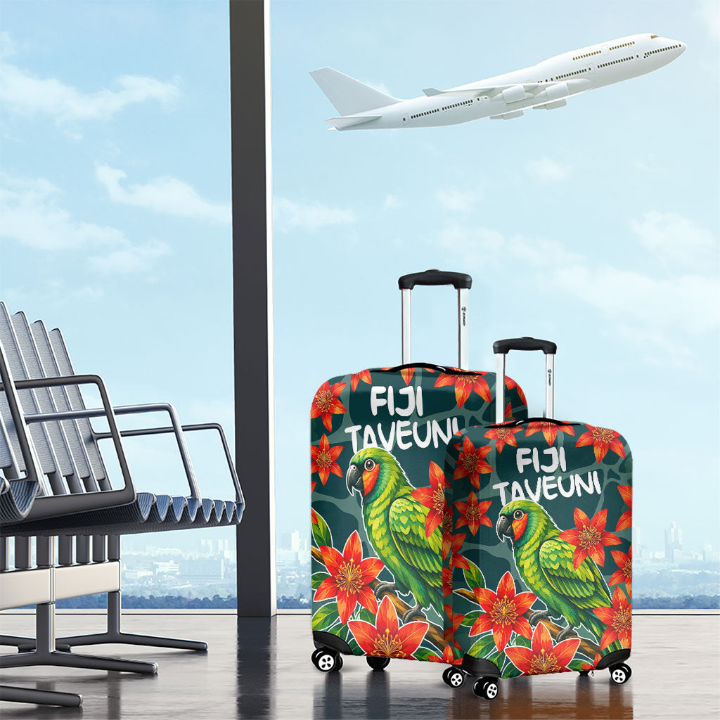 Fiji Taveuni Parrot Luggage Cover Tropical Waterfall Landscape With Floral Tribal Pattern