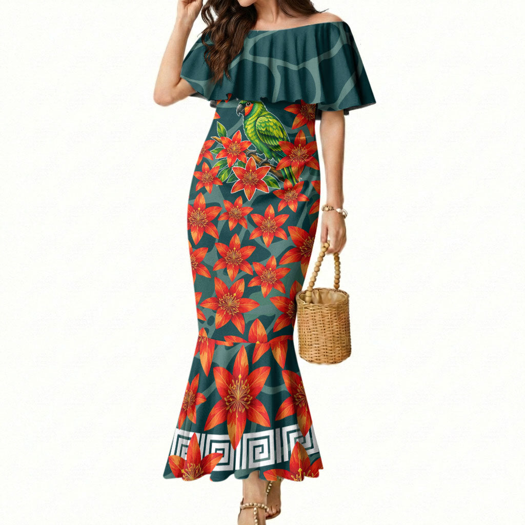 Fiji Taveuni Parrot Mermaid Dress Tropical Waterfall Landscape With Floral Tribal Pattern