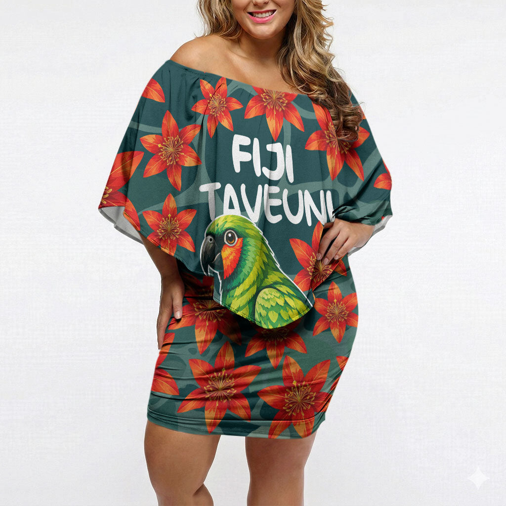 Fiji Taveuni Parrot Off Shoulder Short Dress Tropical Waterfall Landscape With Floral Tribal Pattern