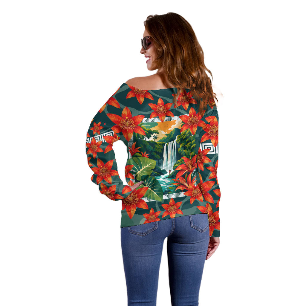 Fiji Taveuni Parrot Off Shoulder Sweater Tropical Waterfall Landscape With Floral Tribal Pattern