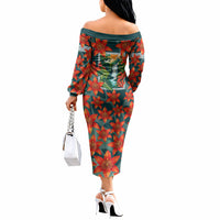 Fiji Taveuni Parrot Off The Shoulder Long Sleeve Dress Tropical Waterfall Landscape With Floral Tribal Pattern