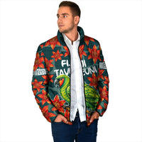 Fiji Taveuni Parrot Padded Jacket Tropical Waterfall Landscape With Floral Tribal Pattern