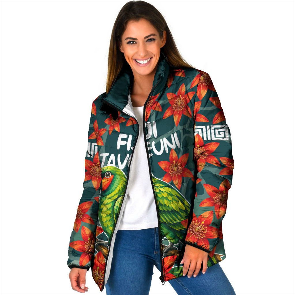 Fiji Taveuni Parrot Padded Jacket Tropical Waterfall Landscape With Floral Tribal Pattern