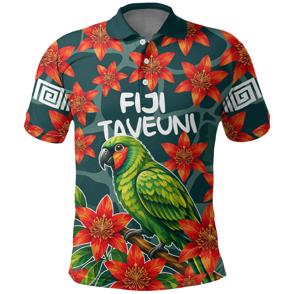 Fiji Taveuni Parrot Polo Shirt Tropical Waterfall Landscape With Floral Tribal Pattern