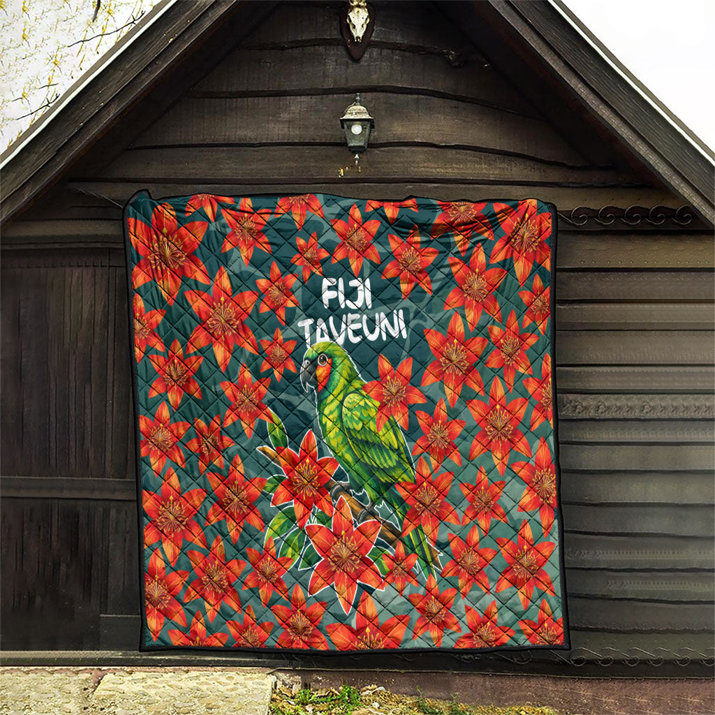 Fiji Taveuni Parrot Quilt Tropical Waterfall Landscape With Floral Tribal Pattern