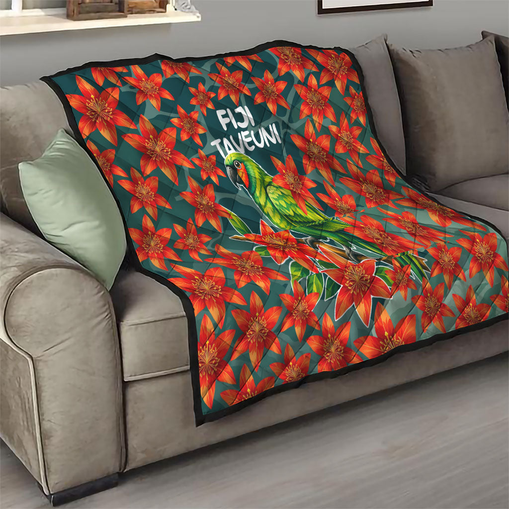 Fiji Taveuni Parrot Quilt Tropical Waterfall Landscape With Floral Tribal Pattern