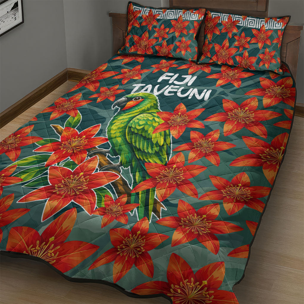 Fiji Taveuni Parrot Quilt Bed Set Tropical Waterfall Landscape With Floral Tribal Pattern