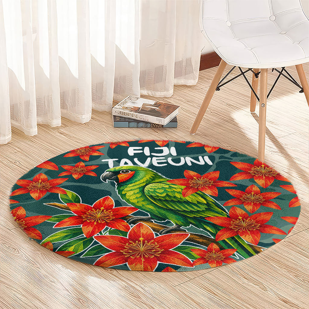 Fiji Taveuni Parrot Round Carpet Tropical Waterfall Landscape With Floral Tribal Pattern