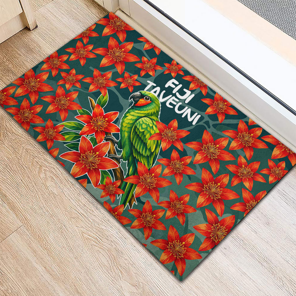 Fiji Taveuni Parrot Rubber Doormat Tropical Waterfall Landscape With Floral Tribal Pattern