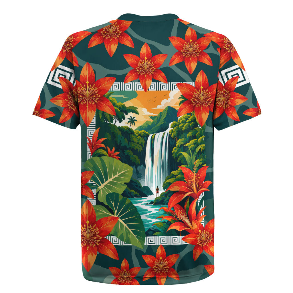 Fiji Taveuni Parrot Rugby Jersey Tropical Waterfall Landscape With Floral Tribal Pattern