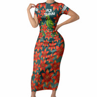 Fiji Taveuni Parrot Short Sleeve Bodycon Dress Tropical Waterfall Landscape With Floral Tribal Pattern