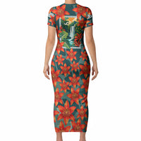 Fiji Taveuni Parrot Short Sleeve Bodycon Dress Tropical Waterfall Landscape With Floral Tribal Pattern
