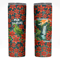Fiji Taveuni Parrot Skinny Tumbler Tropical Waterfall Landscape With Floral Tribal Pattern