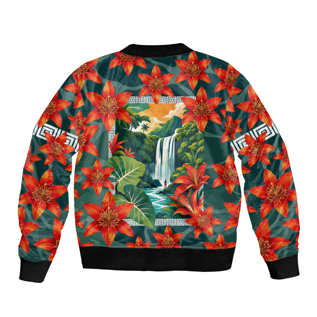 Fiji Taveuni Parrot Sleeve Zip Bomber Jacket Tropical Waterfall Landscape With Floral Tribal Pattern
