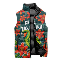 Fiji Taveuni Parrot Sleeveless Puffer Jacket Tropical Waterfall Landscape With Floral Tribal Pattern
