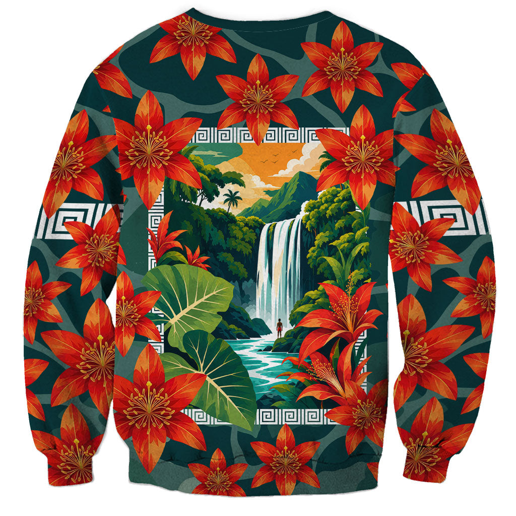 Fiji Taveuni Parrot Sweatshirt Tropical Waterfall Landscape With Floral Tribal Pattern