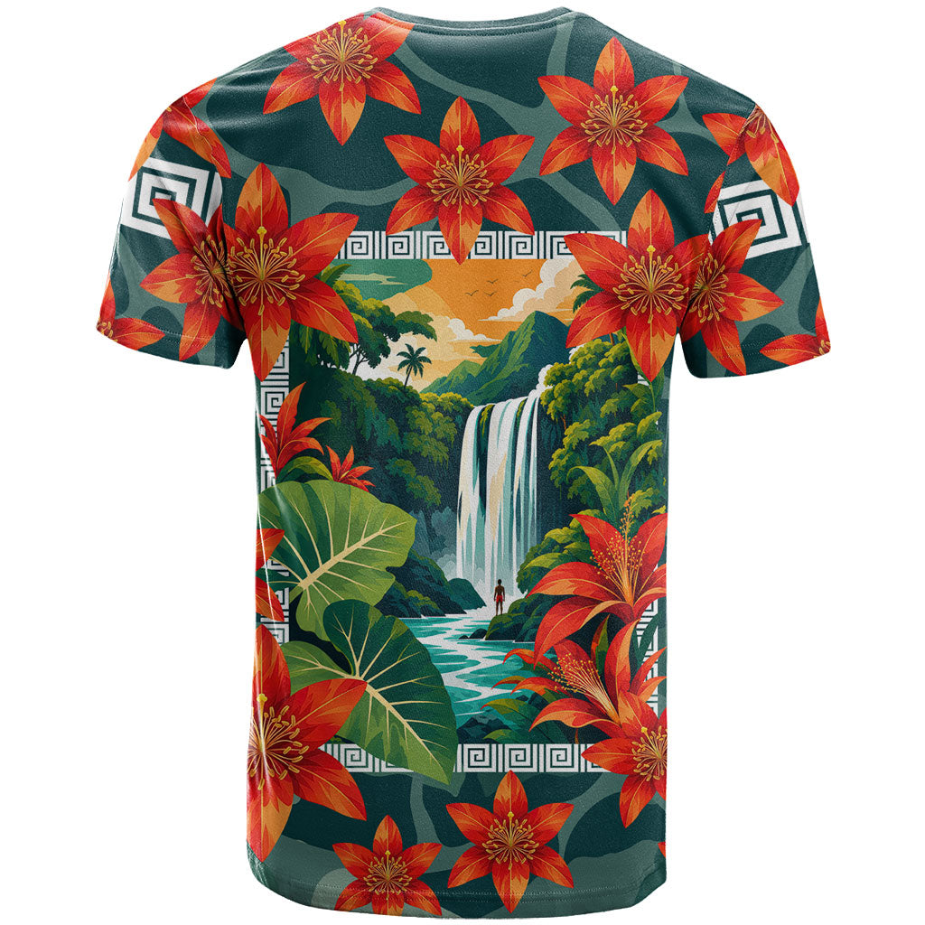 Fiji Taveuni Parrot T Shirt Tropical Waterfall Landscape With Floral Tribal Pattern