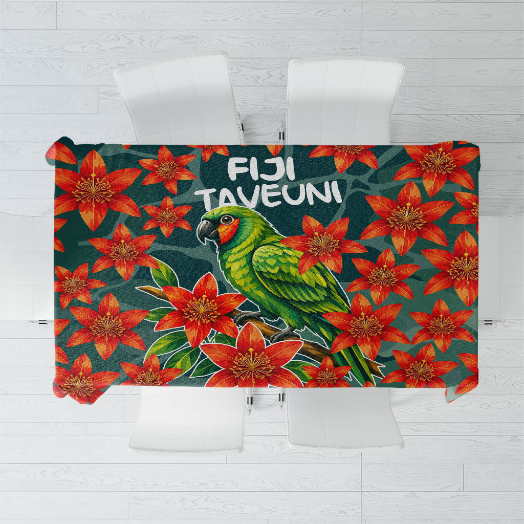 Fiji Taveuni Parrot Tablecloth Tropical Waterfall Landscape With Floral Tribal Pattern
